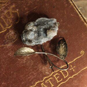 Vintage 1920s 1930s Brooch, Art Deco Crystal Flower with Metal Leaves Jewelry